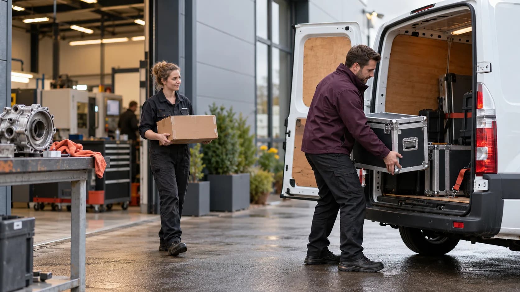 Courier loading protected equipment cases into a van outside an engineering workshop